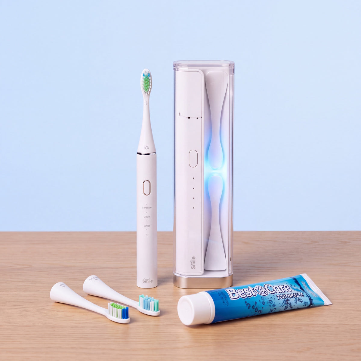 Beamy Pro UV Startpakke: tandbørste, UV-etui, 2 børstehoveder og Best & Care tandpasta