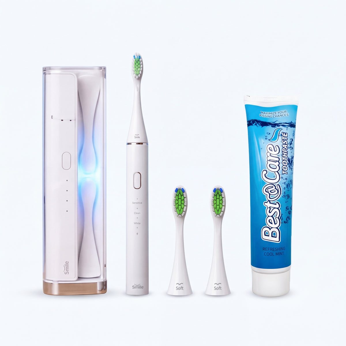 Beamy Pro UV Startpakke: tandbørste, UV-etui, 2 børstehoveder og Best & Care tandpasta