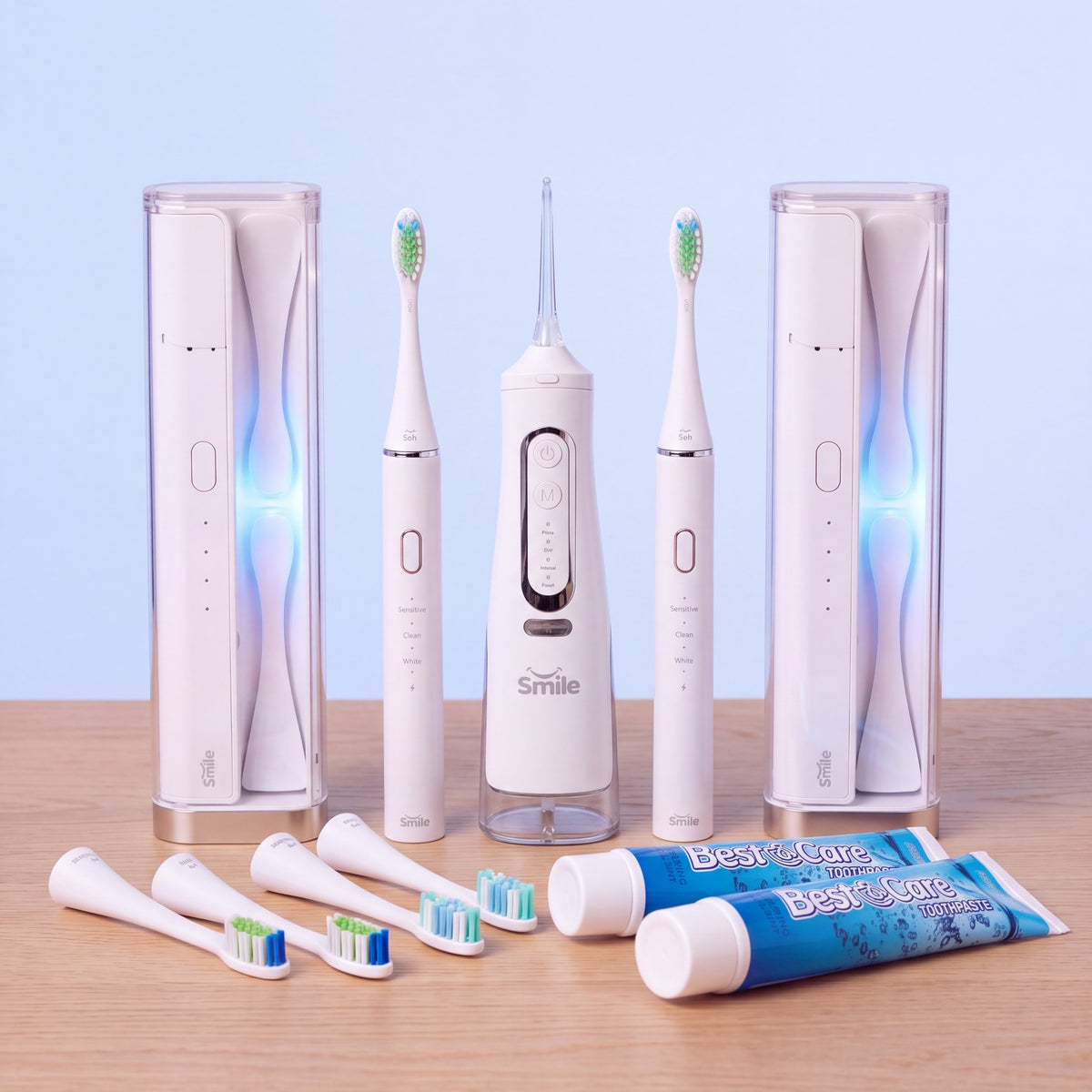 Familiepakke: 2 Beamy Pro UV, 2 UV-etuier, Flossy, 4 børstehoveder og 2 tandpastaer