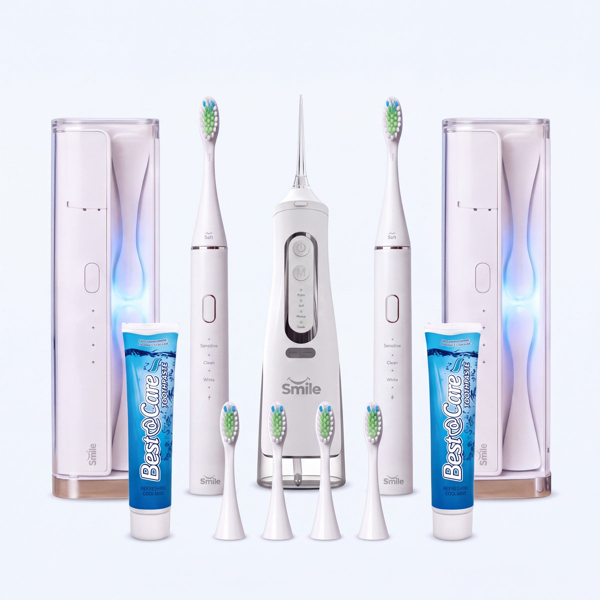 Familiepakke: 2 Beamy Pro UV, 2 UV-etuier, Flossy, 4 børstehoveder og 2 tandpastaer
